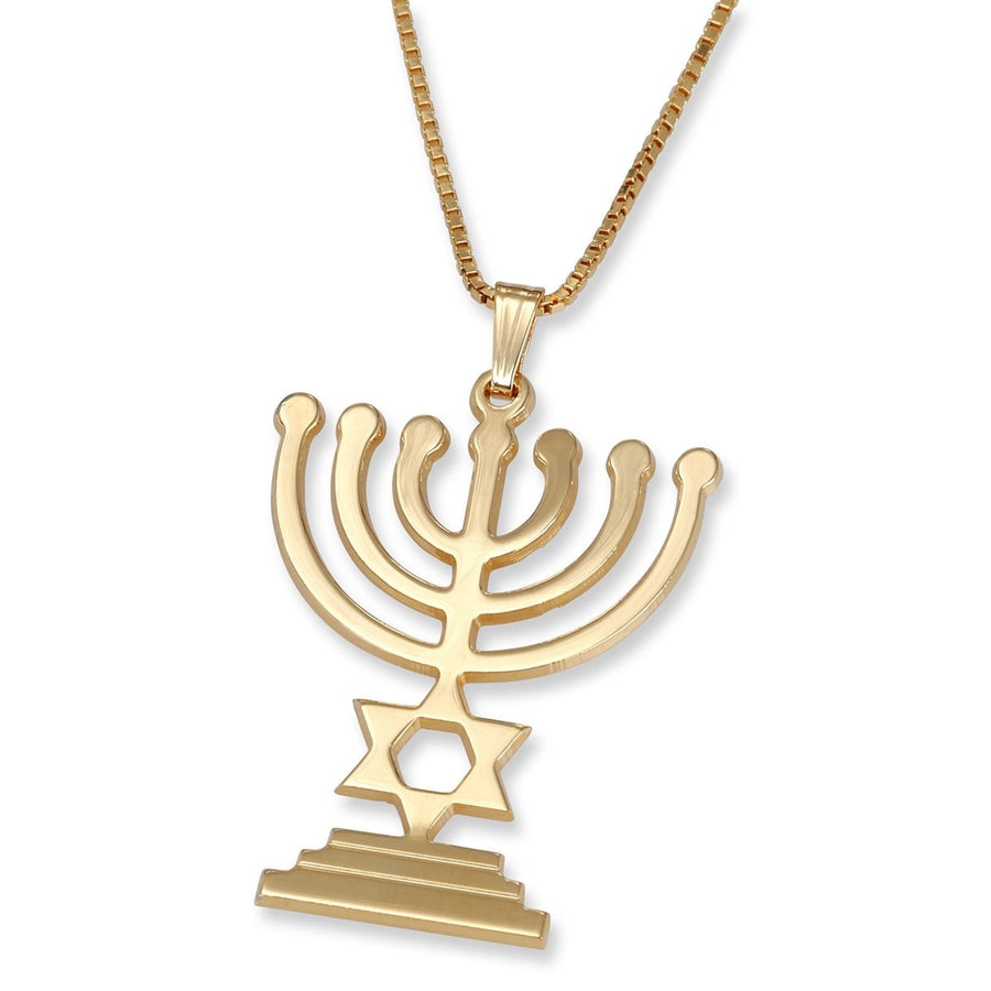 14K Gold Star of David and Menorah Pendant Necklace (Choice of Colors)