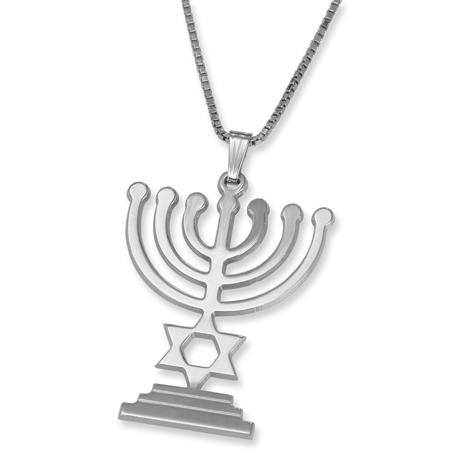 14K Gold Star of David and Menorah Pendant Necklace (Choice of Colors)