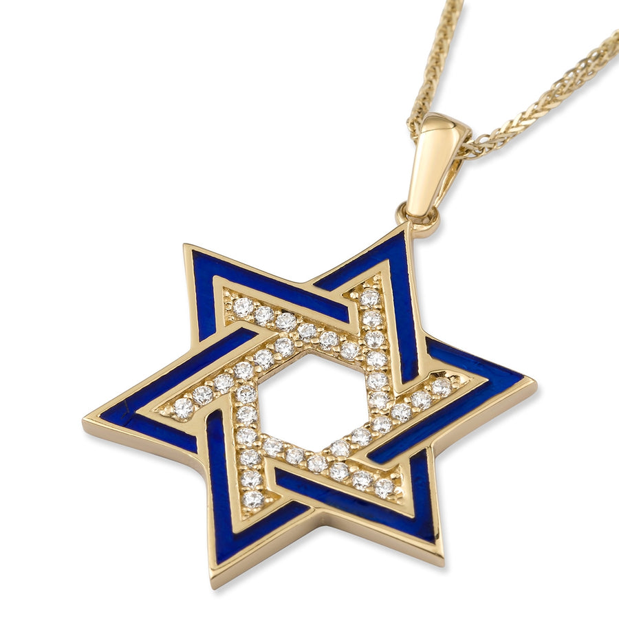 14K Yellow Gold and Blue Enamel Interlocking Star of David Pendant Necklace With Cubic Zirconia Stones