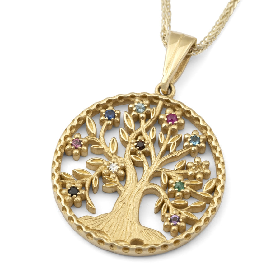 14K Yellow Gold Circular Tree of Life Pendant Necklace With Colorful Gemstones