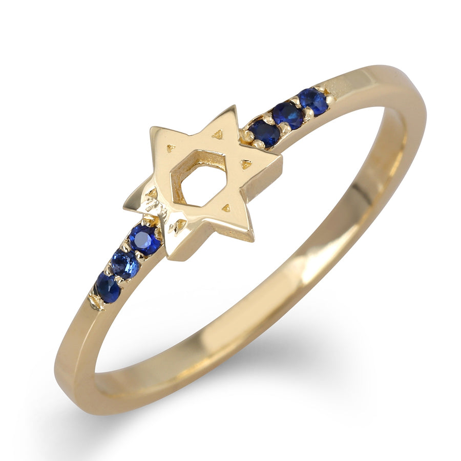 14K Yellow Gold Star of David Ring With Blue Sapphire Stones