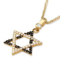 14K Yellow Gold Star of David Pendant Necklace With Black & White Cubic Zirconia Stones