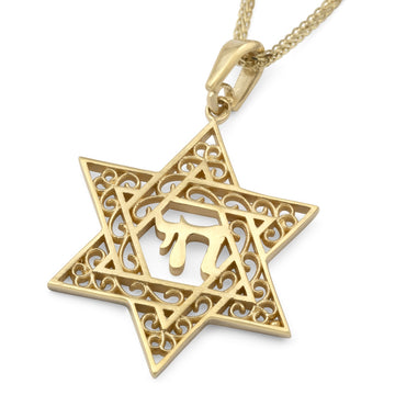 14K Gold Star of David Pendant Necklace With Chai Design
