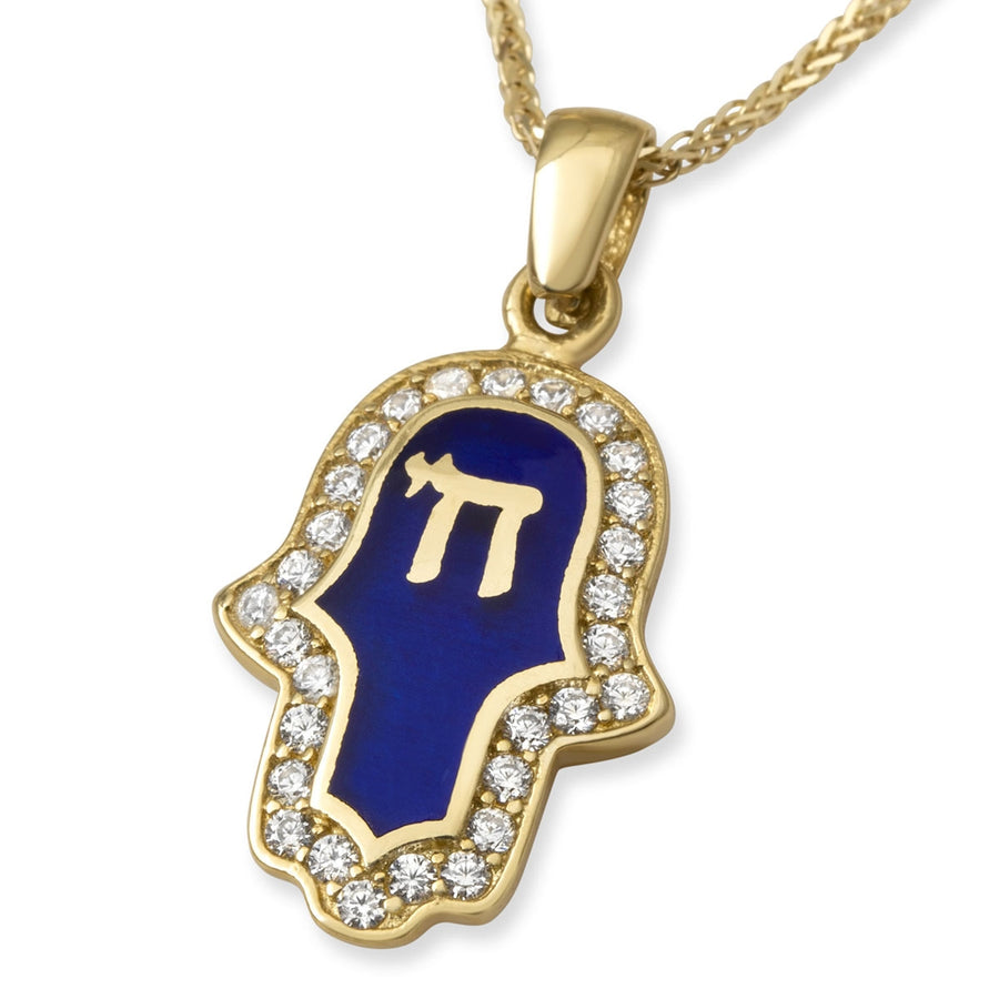 Luxurious 14K Gold Hamsa Chain Pendant Necklace with Blue Enamel