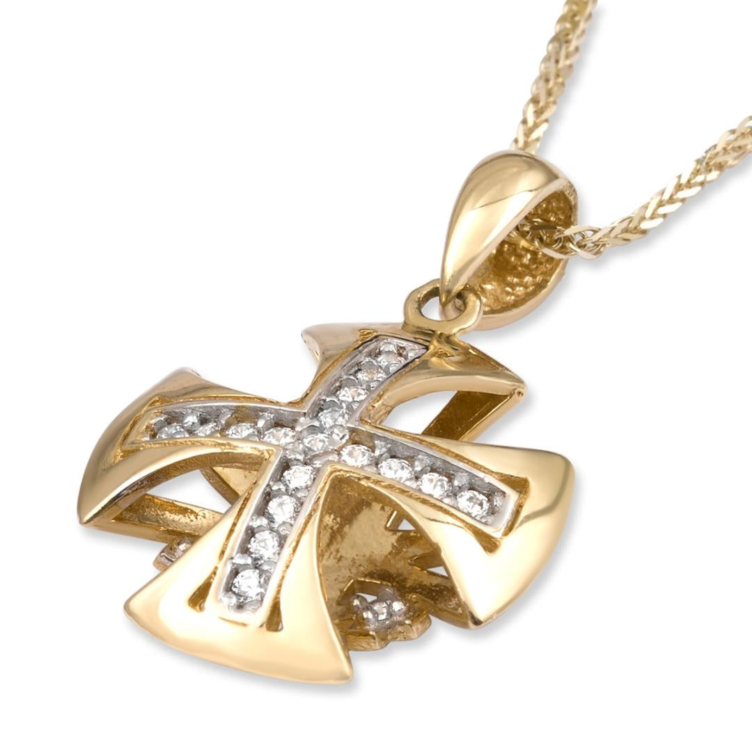 14K Gold Domed Jerusalem Cross Pendant with Cubic Zirconia