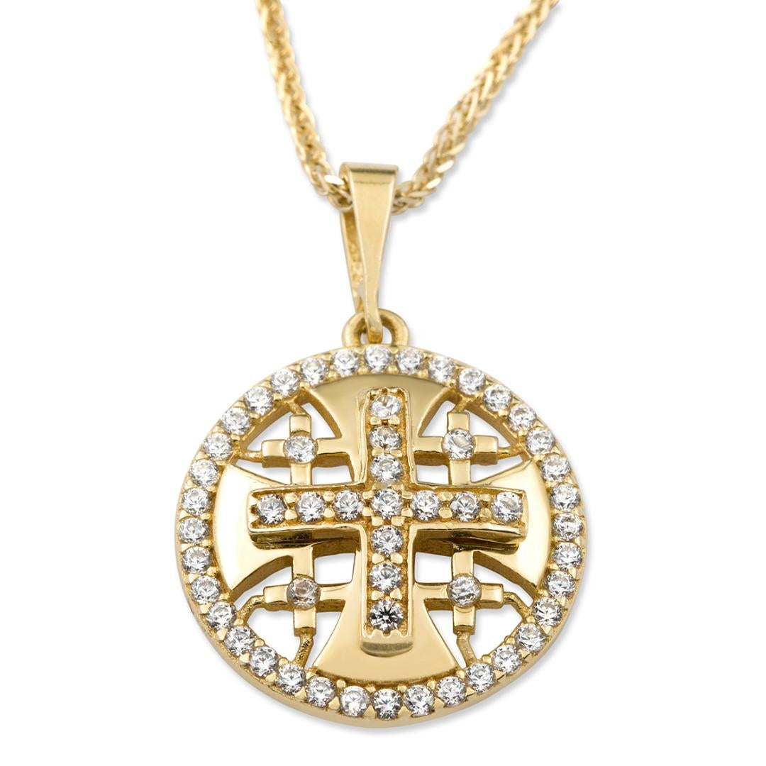 14K Gold Jerusalem Cross Disc Pendant with Cubic Zirconia