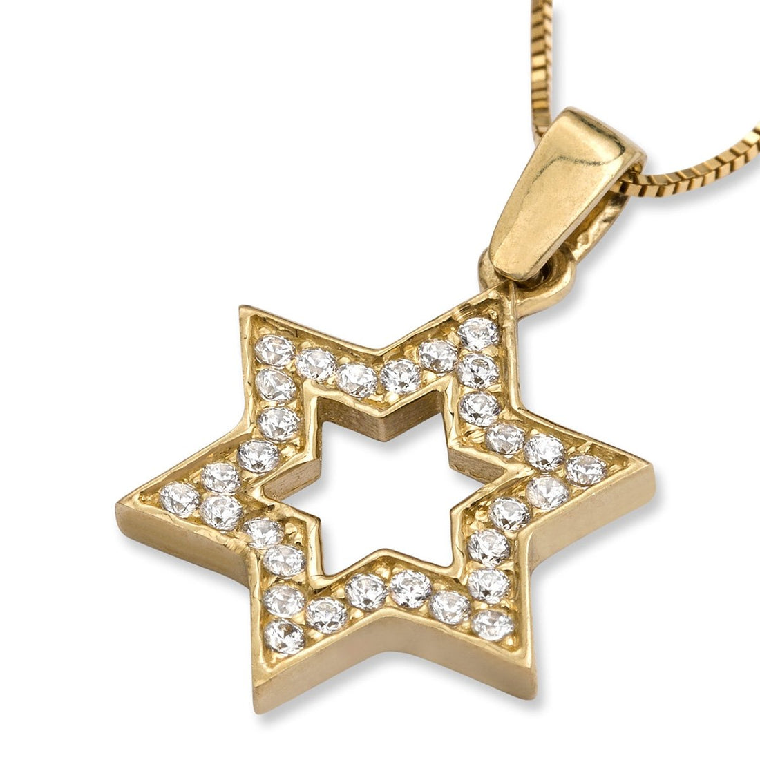 14K Yellow Gold Star of David Outline Pendant Necklace With Cubic Zirconia Stones