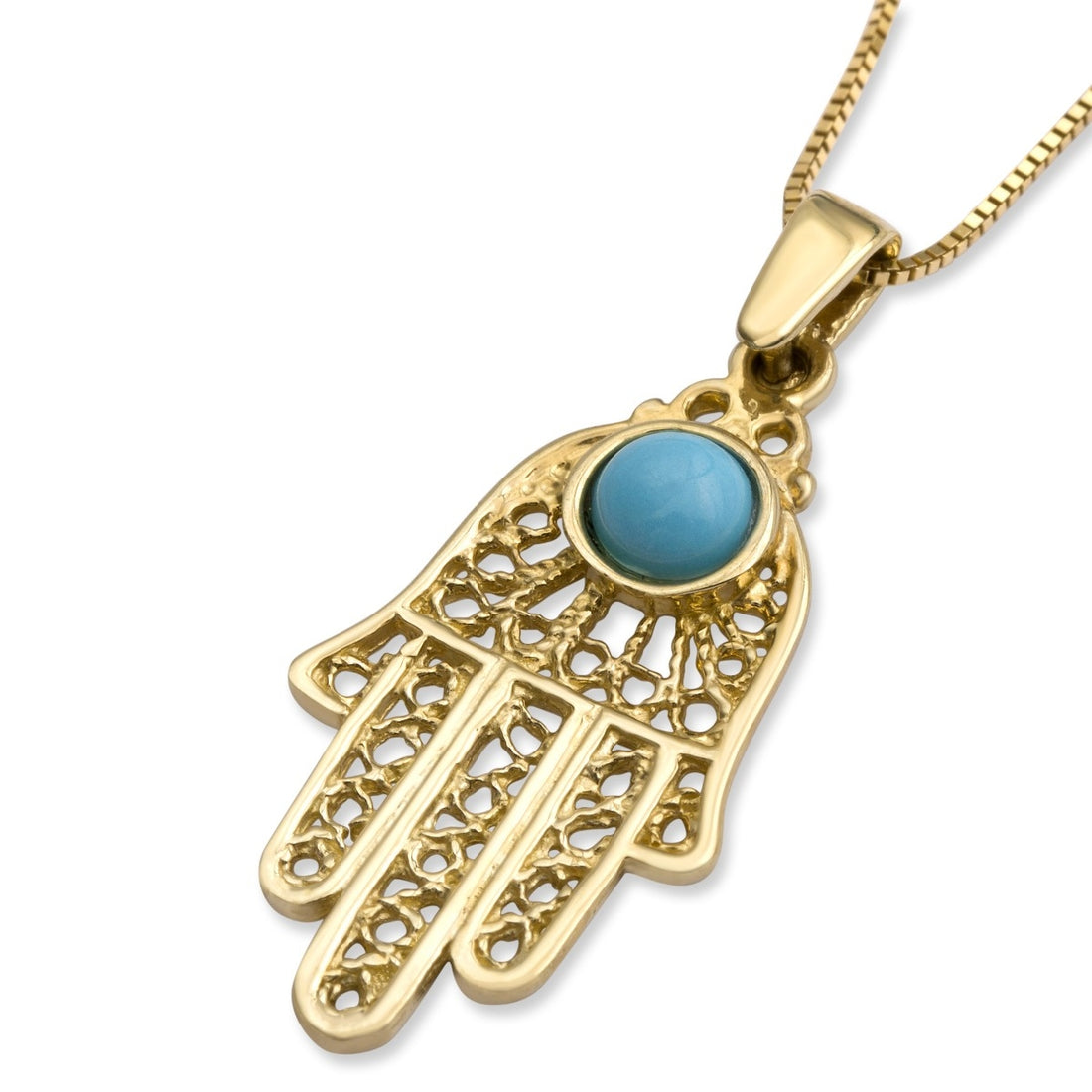 Large 14K Yellow Gold Filigree Hamsa Pendant Necklace With Turquoise Stone