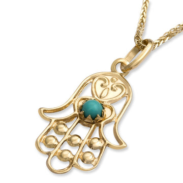 14K Yellow Gold Ornate Hamsa Pendant Necklace With Turquoise Stone