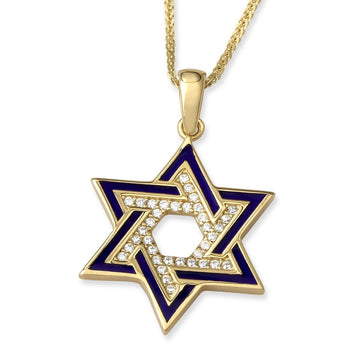 Deluxe 14K Yellow Gold Interlocking Star of David Pendant Necklace With Cubic Zirconia and Blue Enamel