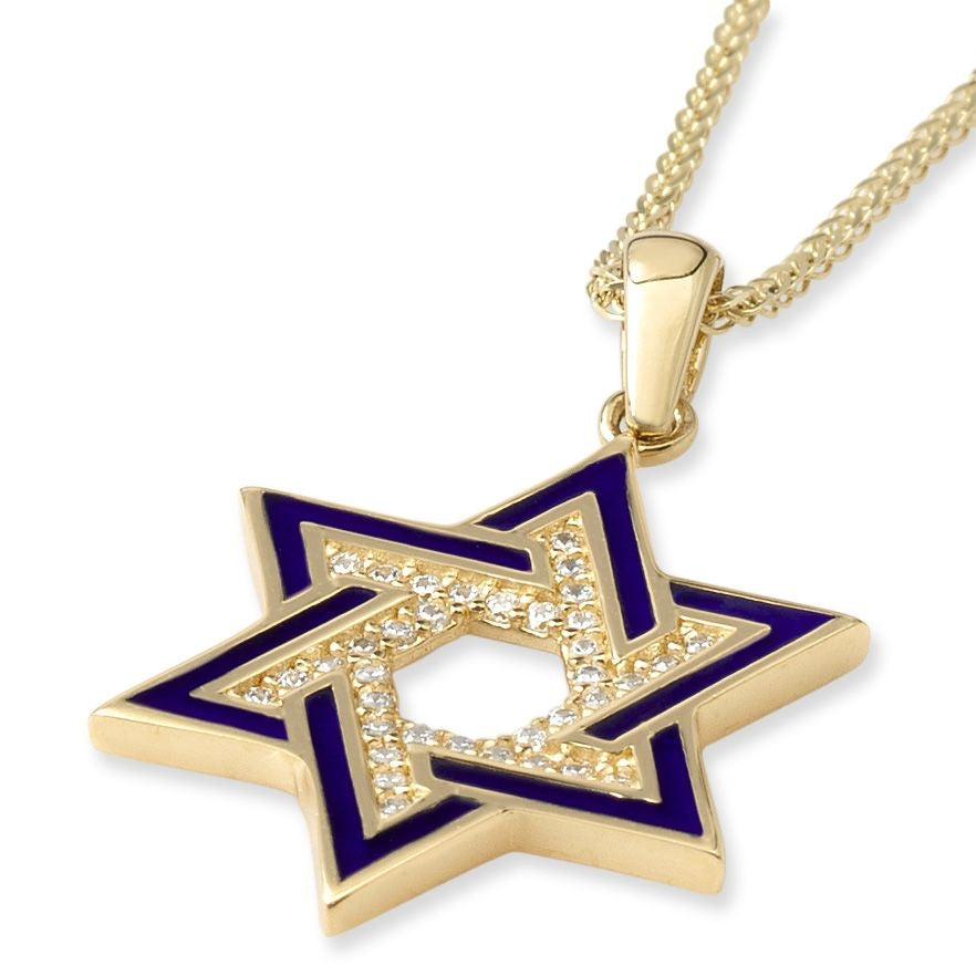 Deluxe 14K Yellow Gold Interlocking Star of David Pendant Necklace With Cubic Zirconia and Blue Enamel