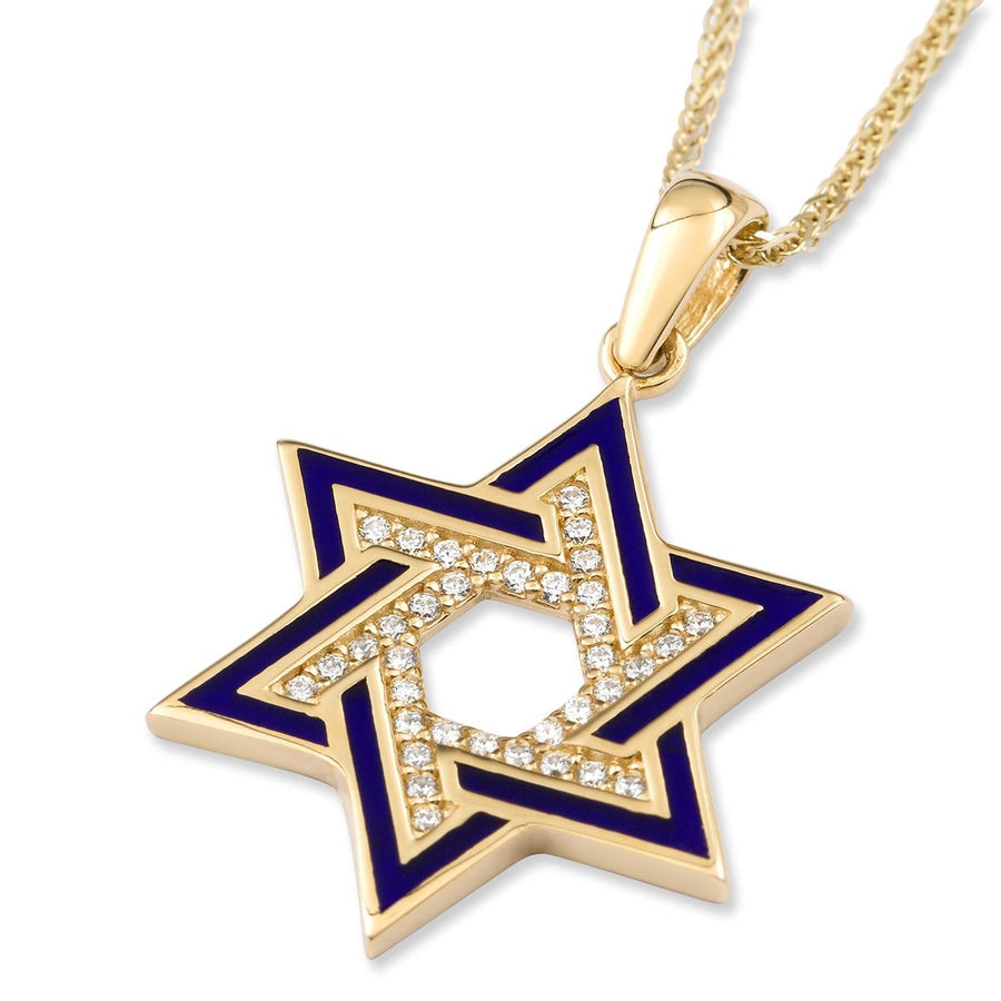 Deluxe 14K Yellow Gold Interlocking Star of David Pendant Necklace With Cubic Zirconia and Blue Enamel