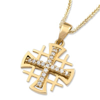 14K Gold Jerusalem Cross Pendant with Cubic Zirconia Stones