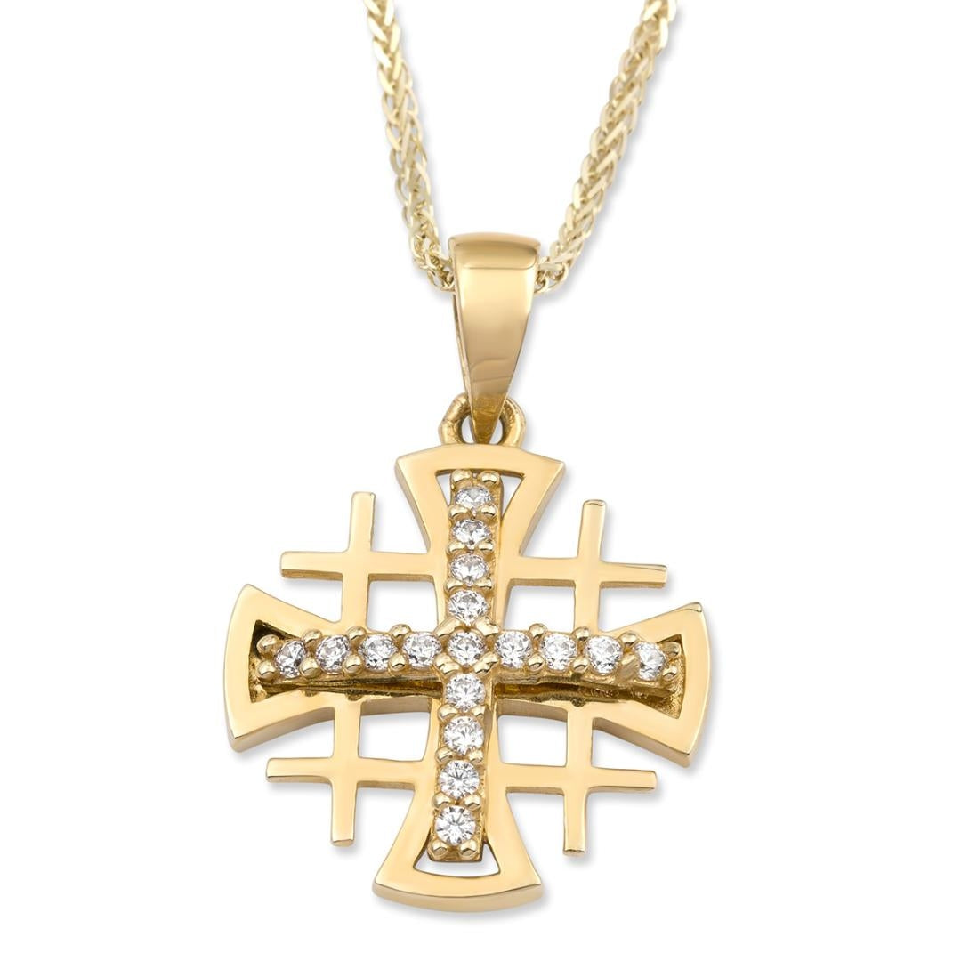14K Gold Jerusalem Cross Pendant with Cubic Zirconia Stones
