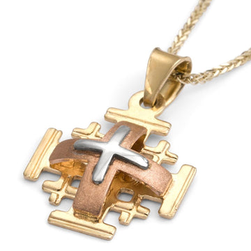 14K Yellow, White and Rose Gold Domed Jerusalem Cross Pendant Necklace