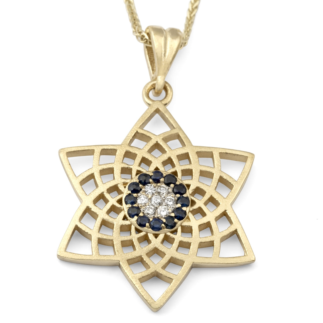 Modern 14K Yellow Gold Star of David Diamond Pendant Necklace With Sapphire Stones