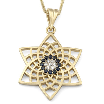 Modern 14K Yellow Gold Star of David Diamond Pendant Necklace With Sapphire Stones