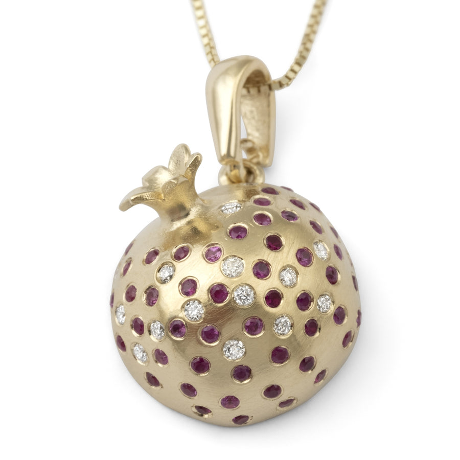Three-Dimensional 14K Yellow Gold Pomegranate Diamond Pendant Necklace With Ruby Stones