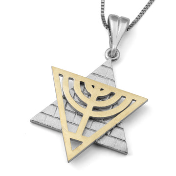 14K Gold Star of David Pendant Necklace With Menorah and Western Wall Designs