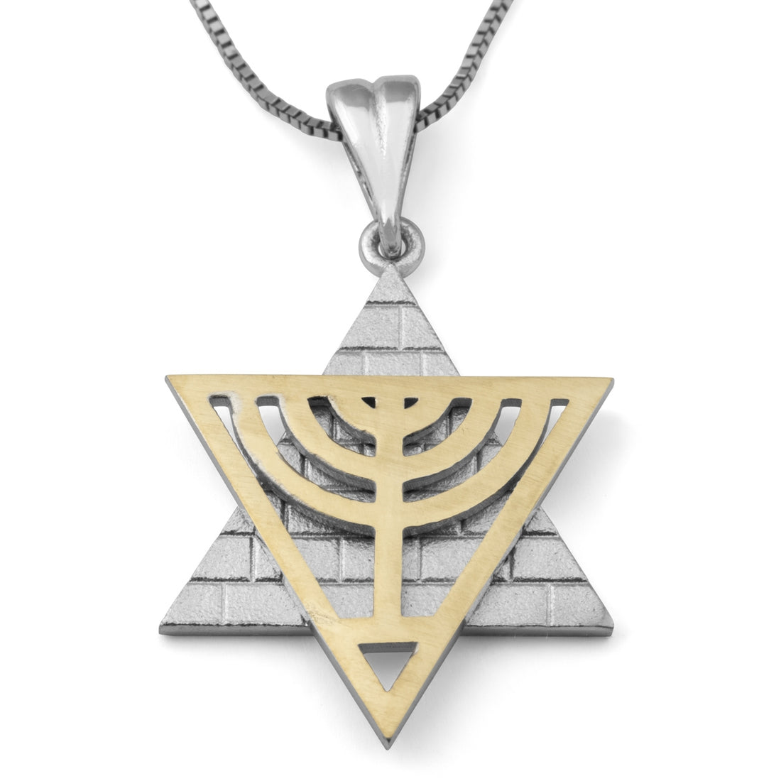 14K Gold Star of David Pendant Necklace With Menorah and Western Wall Designs