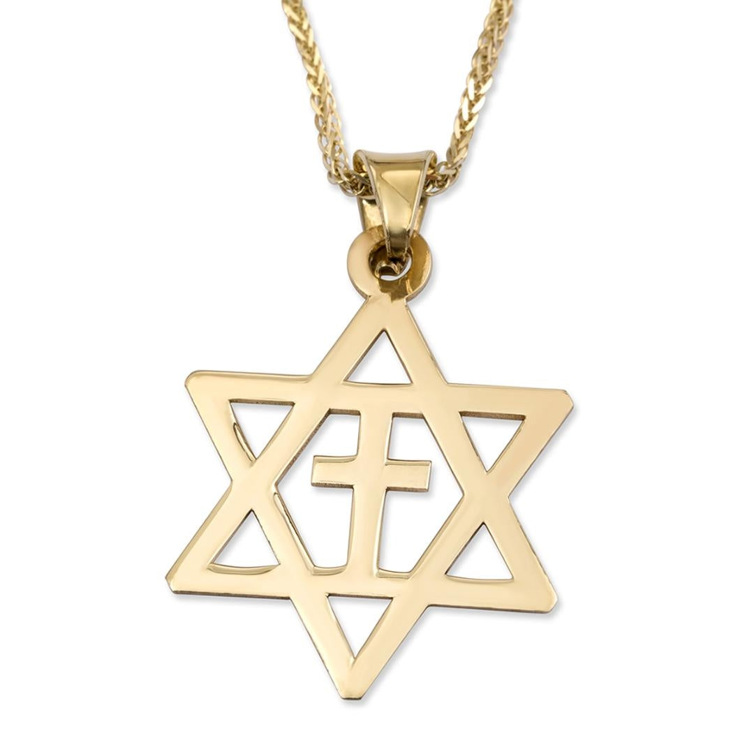 14K Gold Star of David Latin Cross Pendant Necklace