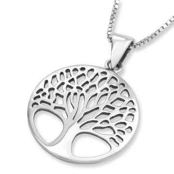 Large Sterling Silver Circular Unisex Pendant Necklace With Tree of Life Design