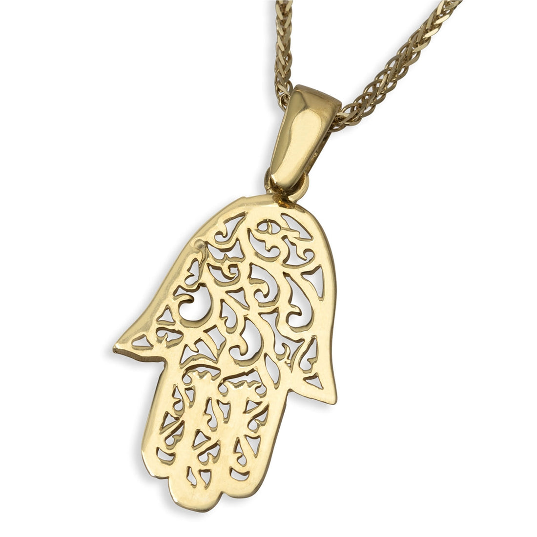 Trendy 14K Yellow Gold Hamsa Pendant Necklace With Filigree Design
