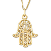 Large 14K Yellow Gold Hamsa Pendant Necklace With Rope Filigree Design