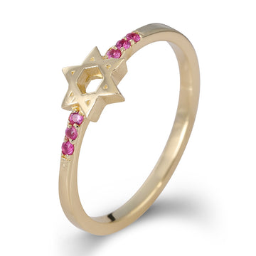 14K Yellow Gold Star of David Ring With Ruby Stones