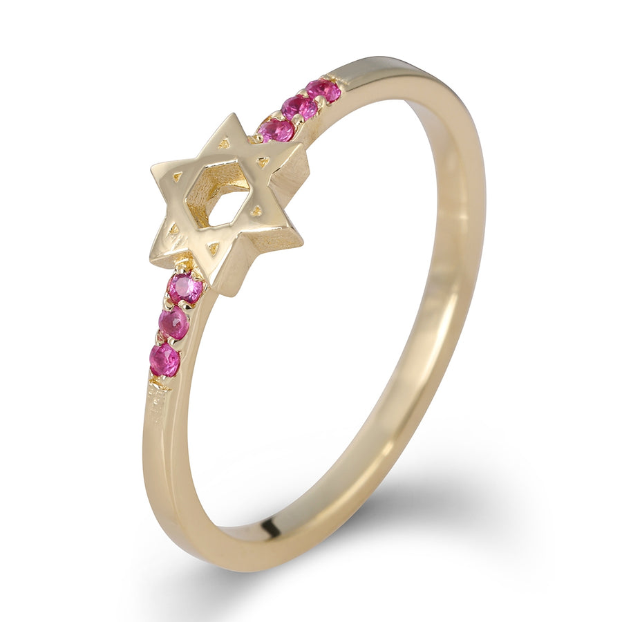 14K Yellow Gold Star of David Ring With Ruby Stones