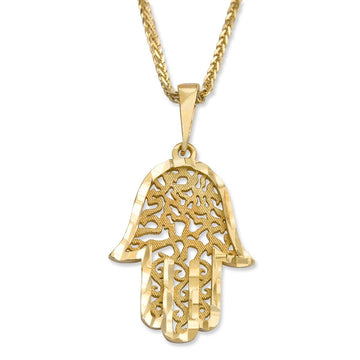 14K Yellow Gold Hamsa Pendant Necklace With Ornate Shema Yisrael Design