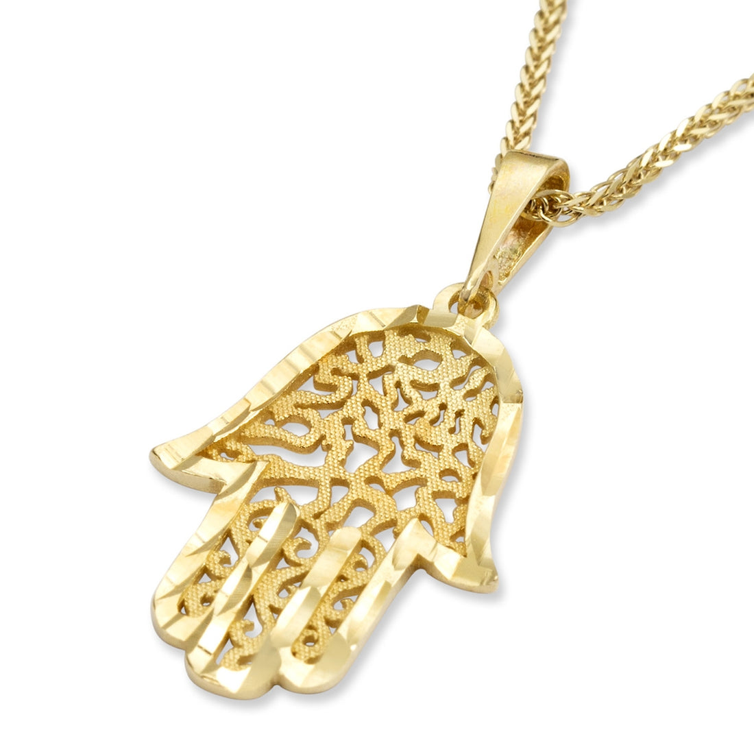 14K Yellow Gold Hamsa Pendant Necklace With Ornate Shema Yisrael Design