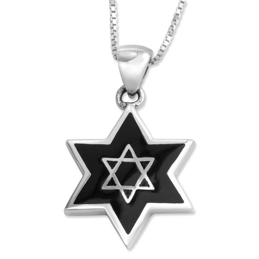 Sterling Silver Star of David Pendant Necklace with Onyx Filling