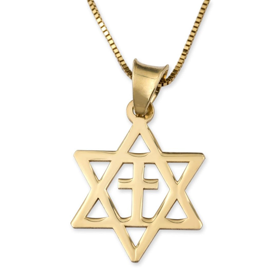 14K Gold Small Star of David Latin Cross Pendant Necklace