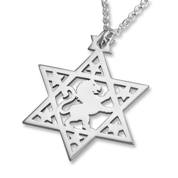 Star of David Necklace with Lion of Judah Design - Choice of Sterling Silver or Gold Plated