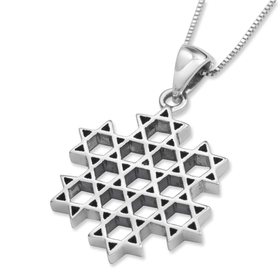 Sterling Silver Compound Stars of David Pendant Necklace