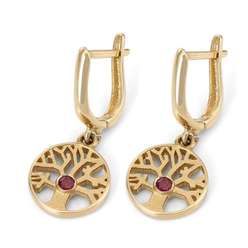 14K Yellow Gold Tree of Life Earrings With Ruby Stones